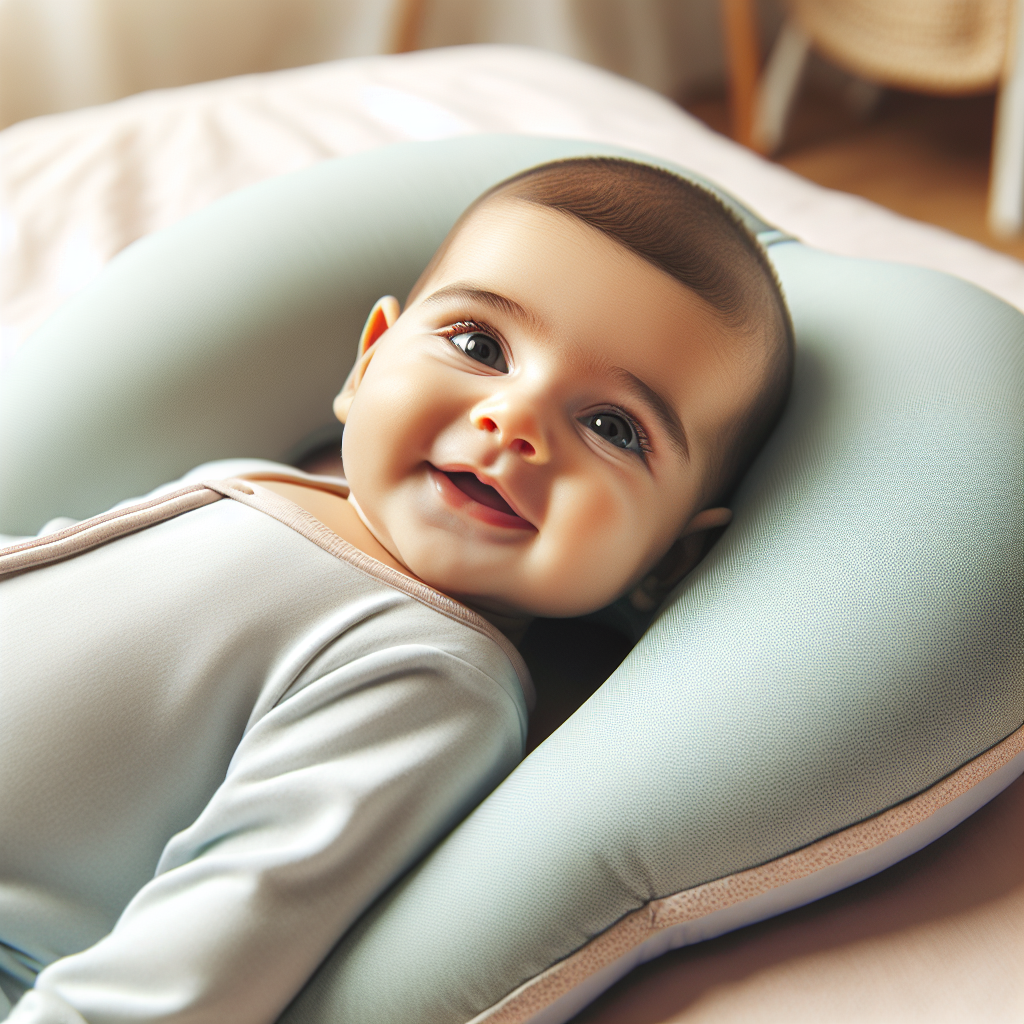 Baby lying on a flat head prevention pillow in a cozy nursery.