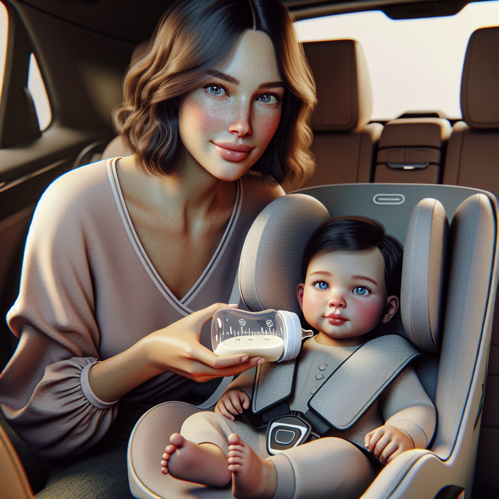 A mother using a hands-free bottle holder to feed her baby in a car.