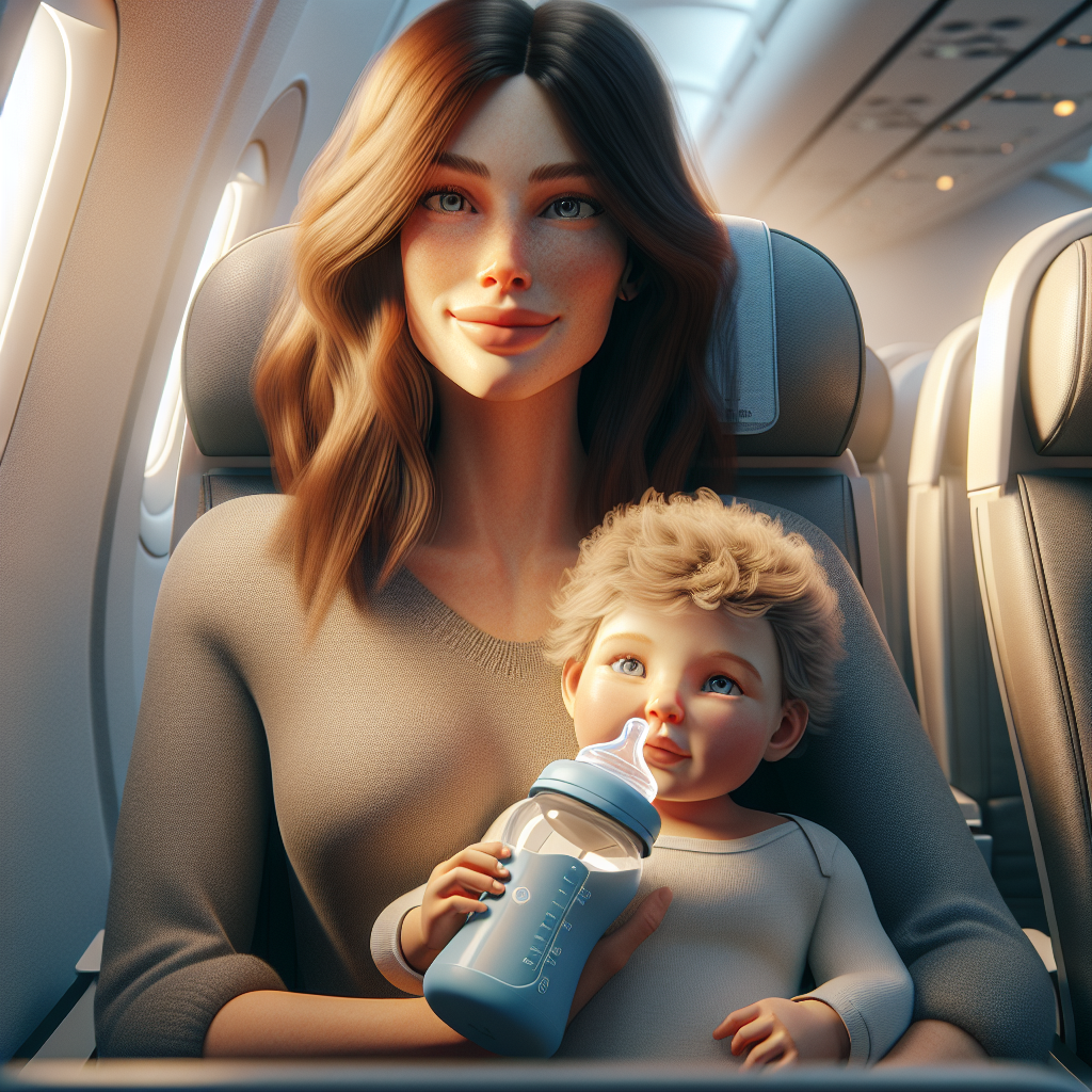 Mother and baby in an airplane using a hands-free bottle holder.