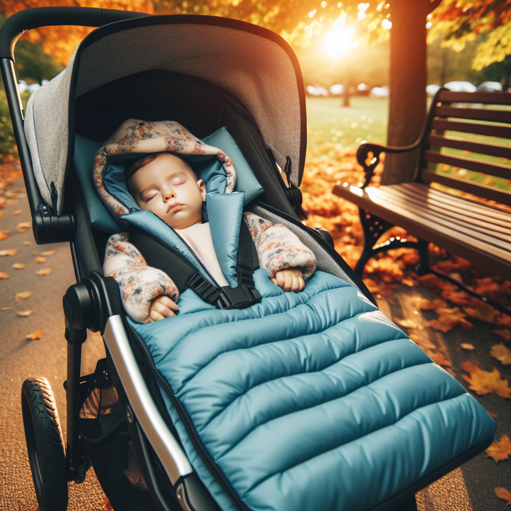 A baby asleep in a stroller with a high-quality stroller sleeping bag in a park setting.