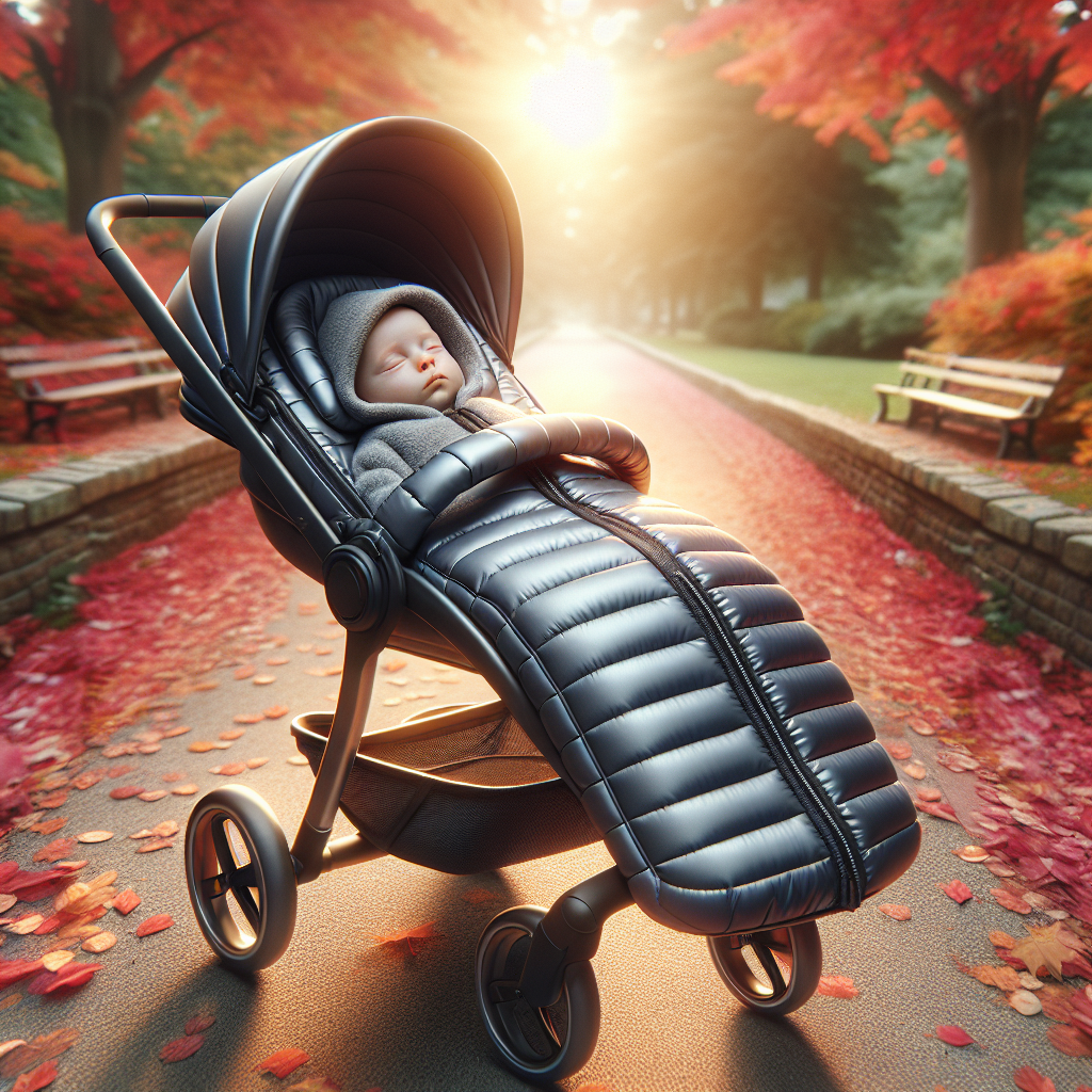 A baby in a stroller with a high-quality stroller sleeping bag in a park during autumn.