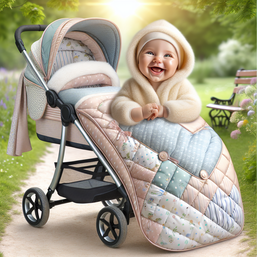 A baby in a stylish stroller sleeping bag, comfortable and smiling in a park.