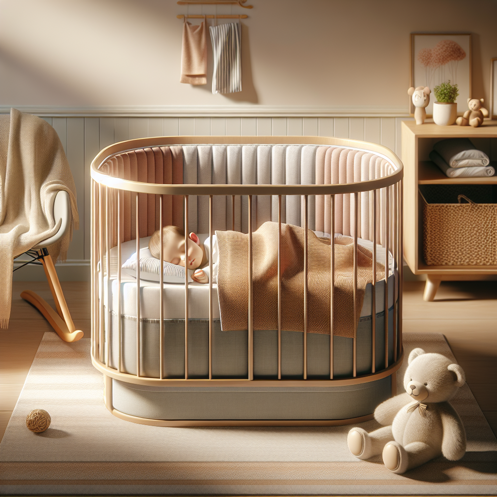 A cozy and modern baby nursery with a sleeping baby in a crib, surrounded by sleep-enhancing products.