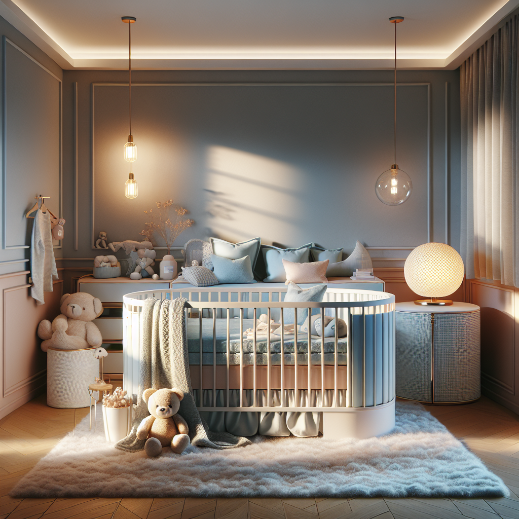 A cozy nursery setting designed for a baby's restful sleep with a pastel-colored crib, plush teddy bear, and warm lighting.