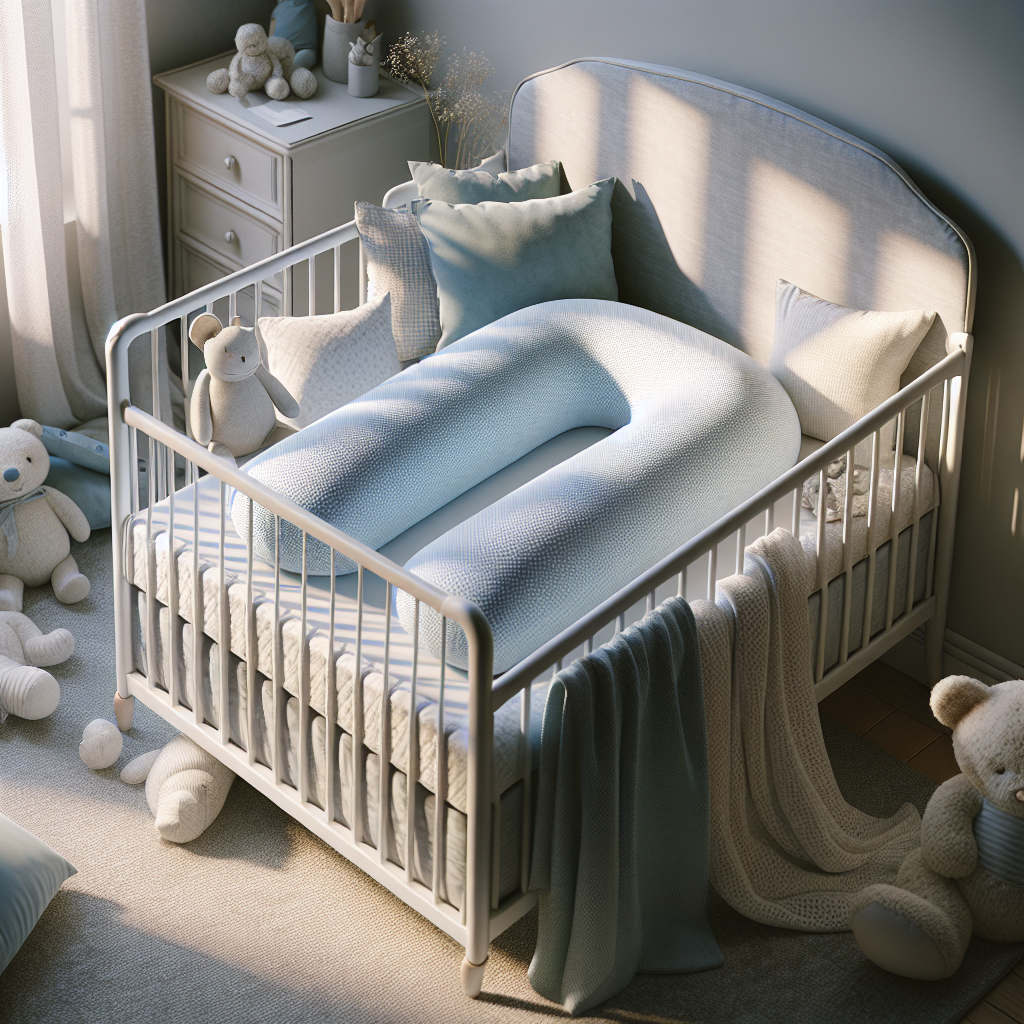 A cozy nursery with an anti-roll pillow in a crib, emphasizing baby safety and comfort.