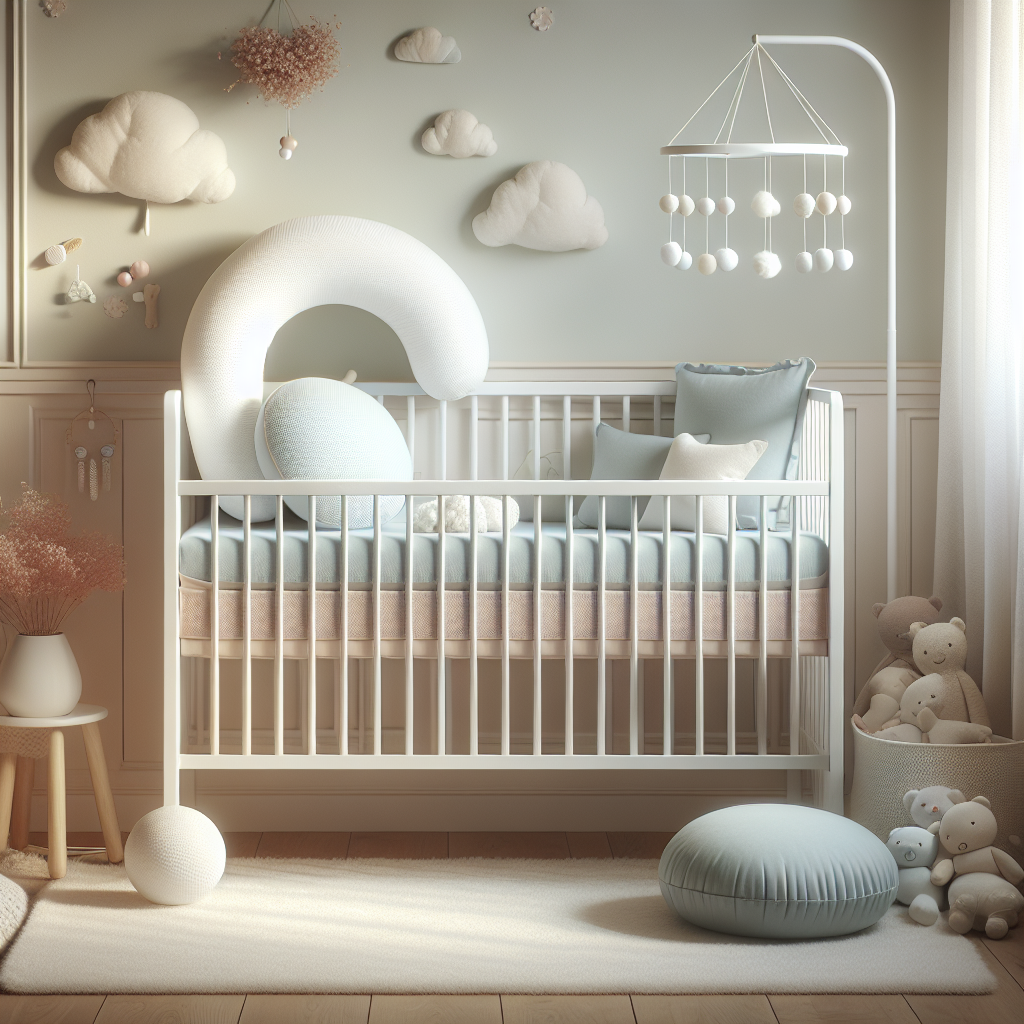 A cozy nursery with a crib featuring an anti-roll pillow.