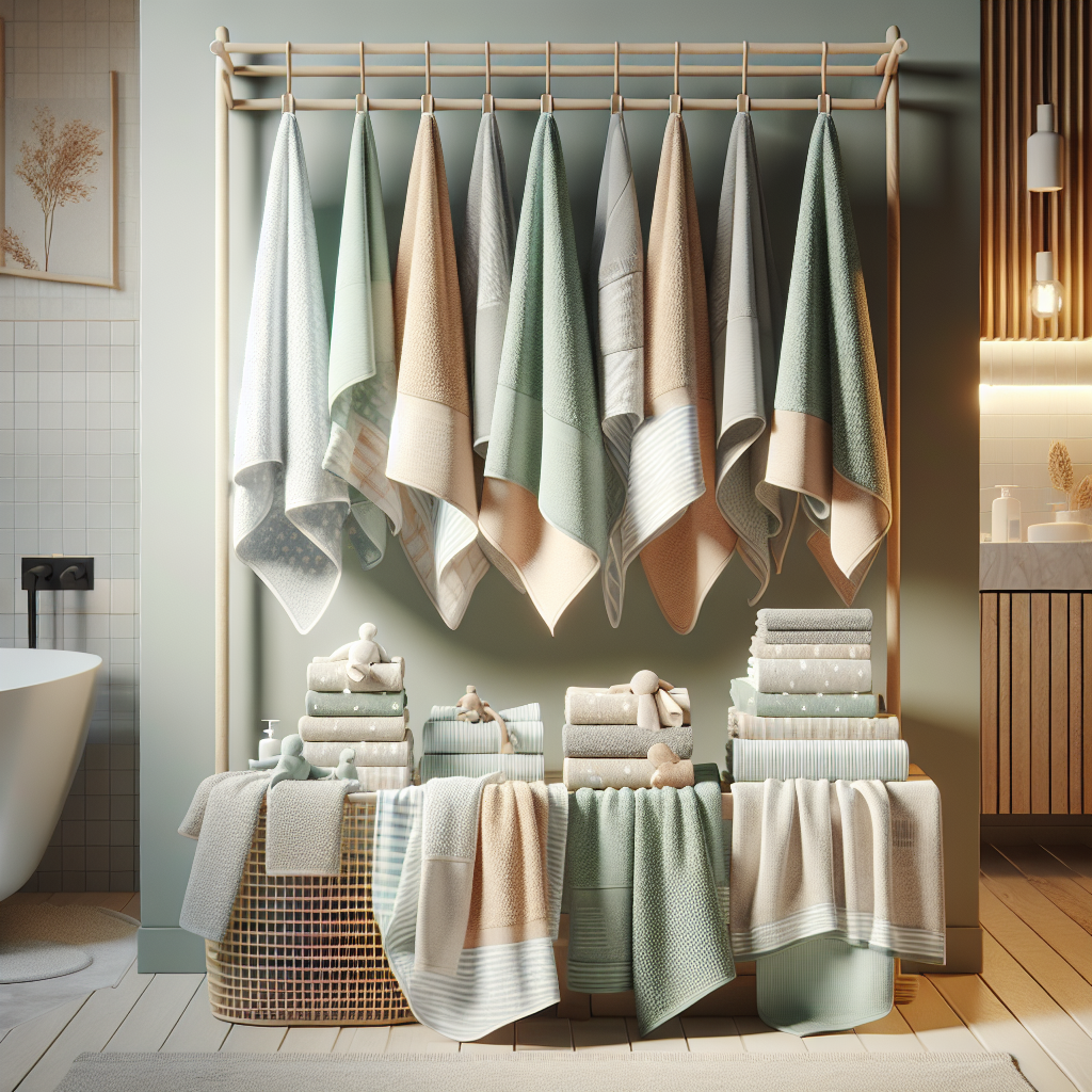 Gender-neutral baby bath towels in a cozy bathroom setting, with pastel colors and subtle patterns.