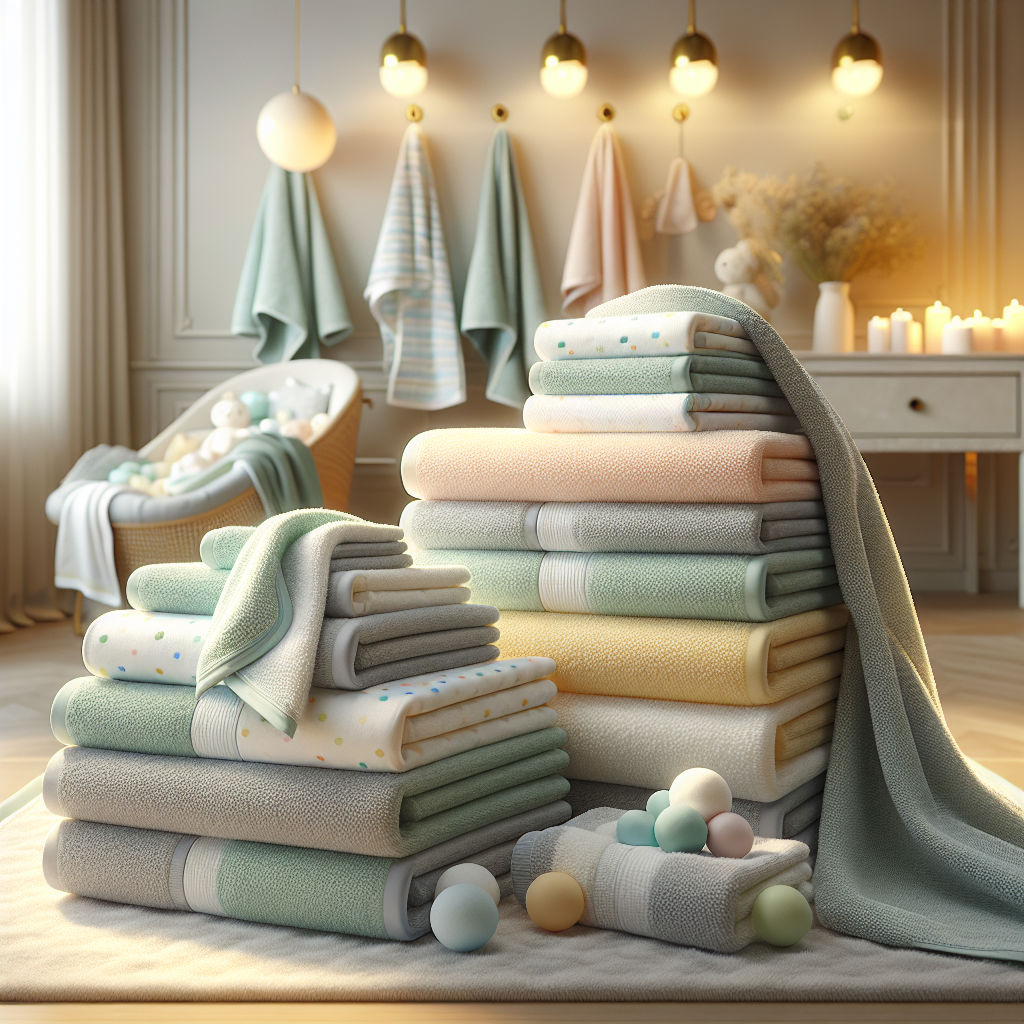 A display of gender neutral baby bath towels in various soft, comforting colors and patterns.