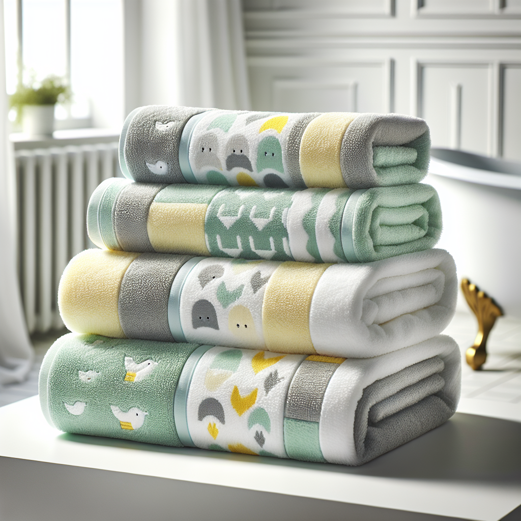 A realistic depiction of gender neutral baby bath towels in modern, versatile patterns and colors, designed for baby's comfort and safety.