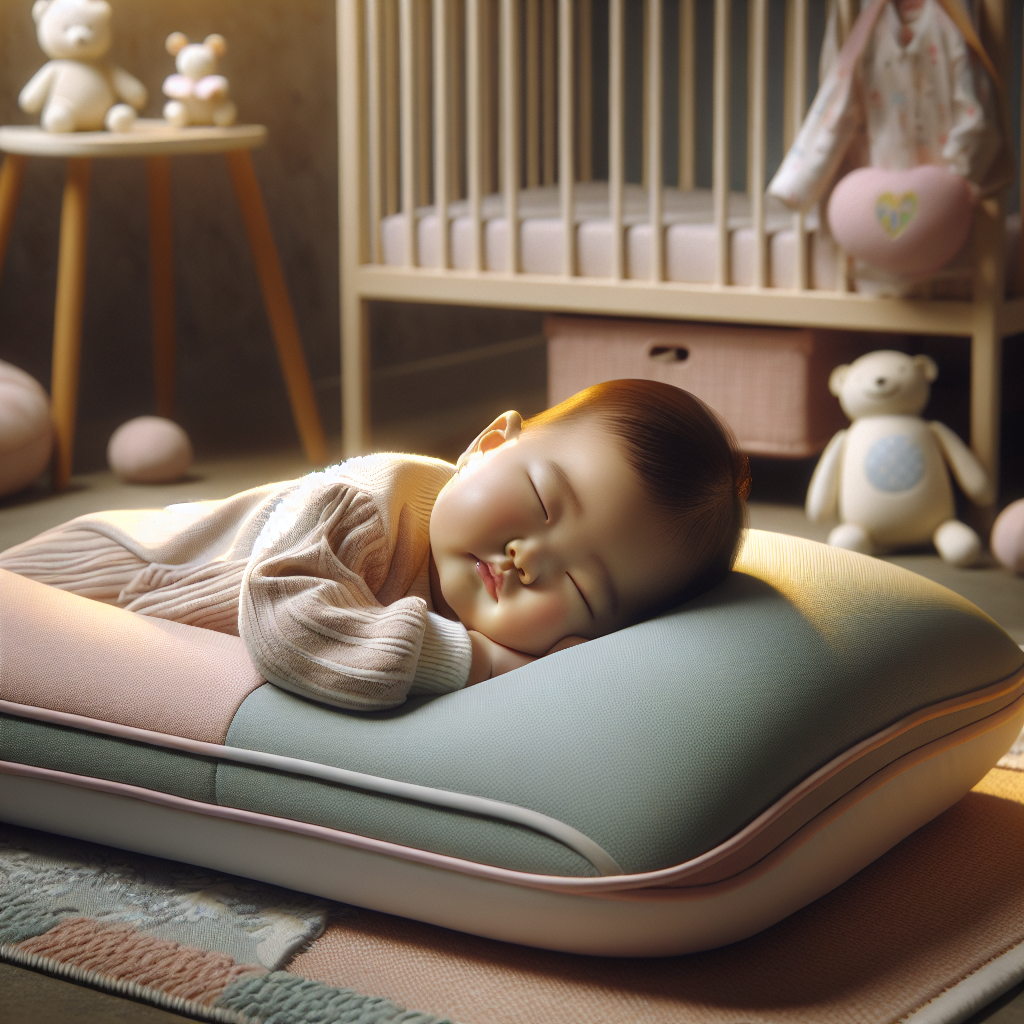 An infant sleeping peacefully on a sleep training pillow in a cozy, well-designed nursery.