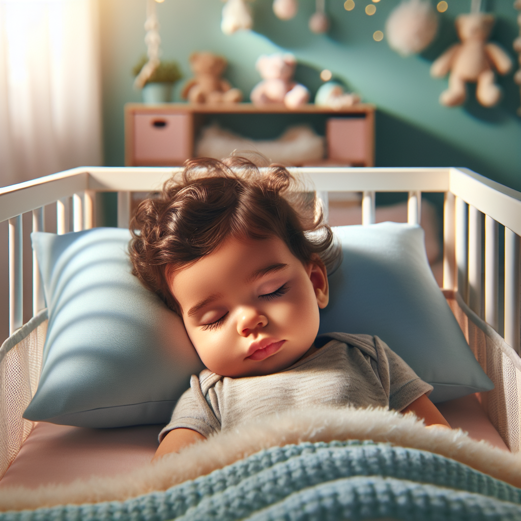 A serene nursery with a baby sleeping in a crib using an infant sleep training pillow.