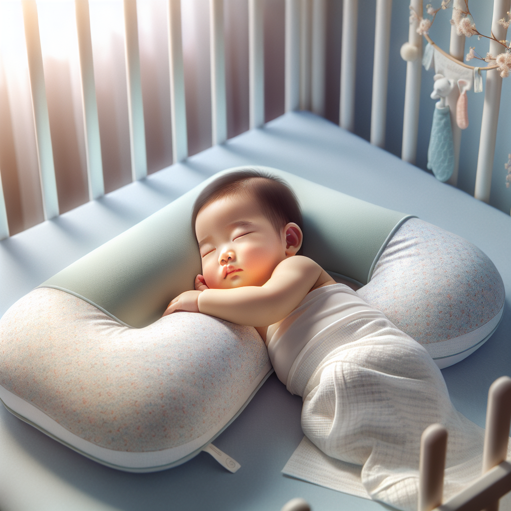 A peaceful baby sleeping in a cozy crib with an infant sleep training pillow.