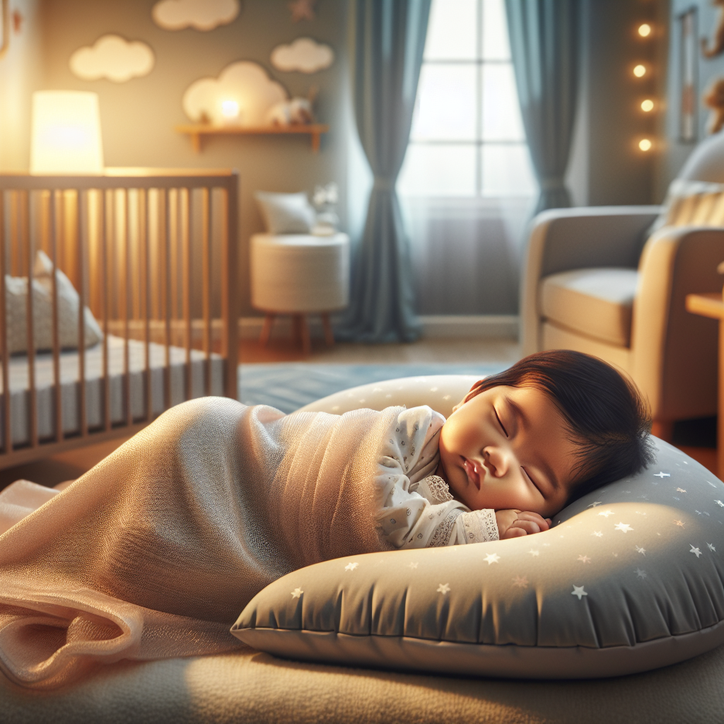 Realistic image of a sleeping infant in a cozy nursery with an infant sleep training pillow.