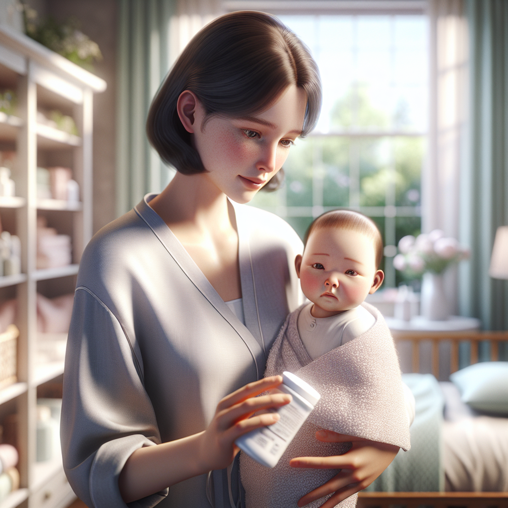 Mother holding her baby in a cozy nursery, examining a baby product label with a concerned look.