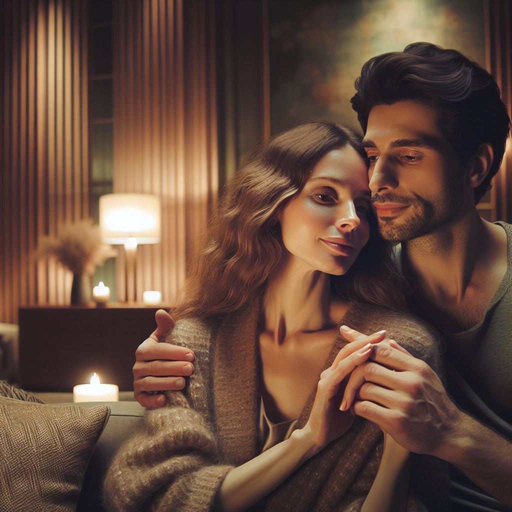 A realistic, intimate moment between two adults embracing on a cozy sofa in a softly lit living room.