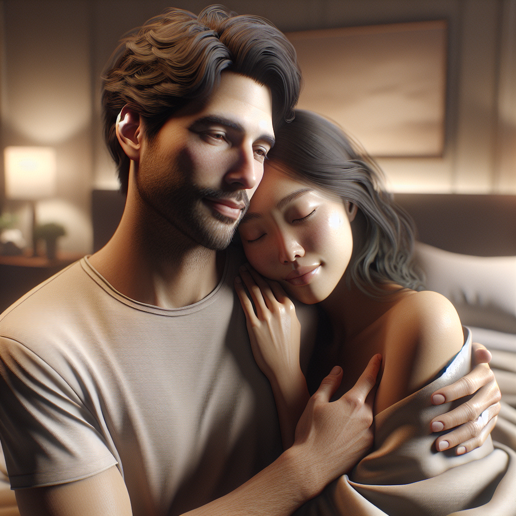 A man and woman sharing an intimate and tender embrace in a softly lit bedroom, showcasing trust and vulnerability.