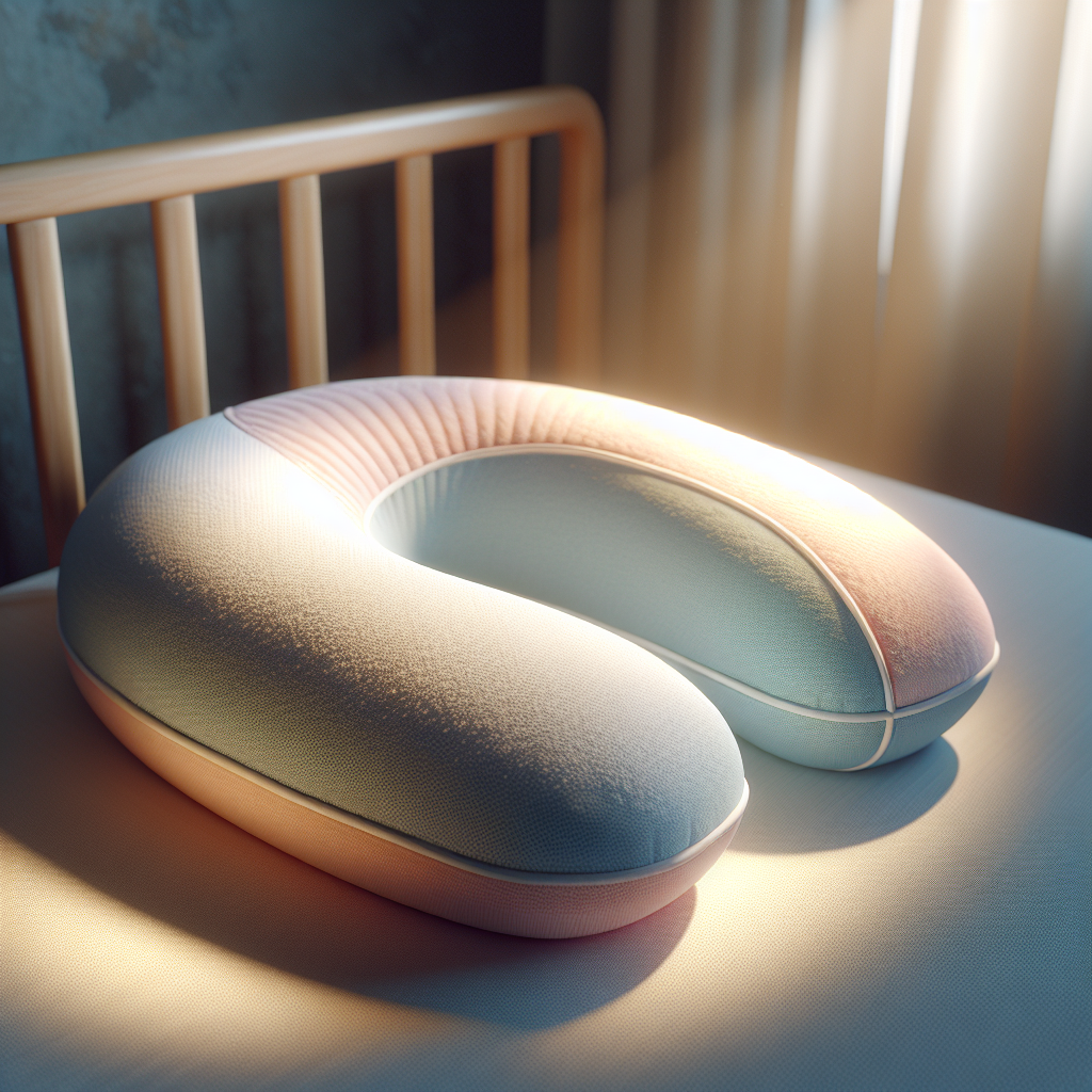 A realistic image of a soft baby pillow in a pastel-colored nursery setting.