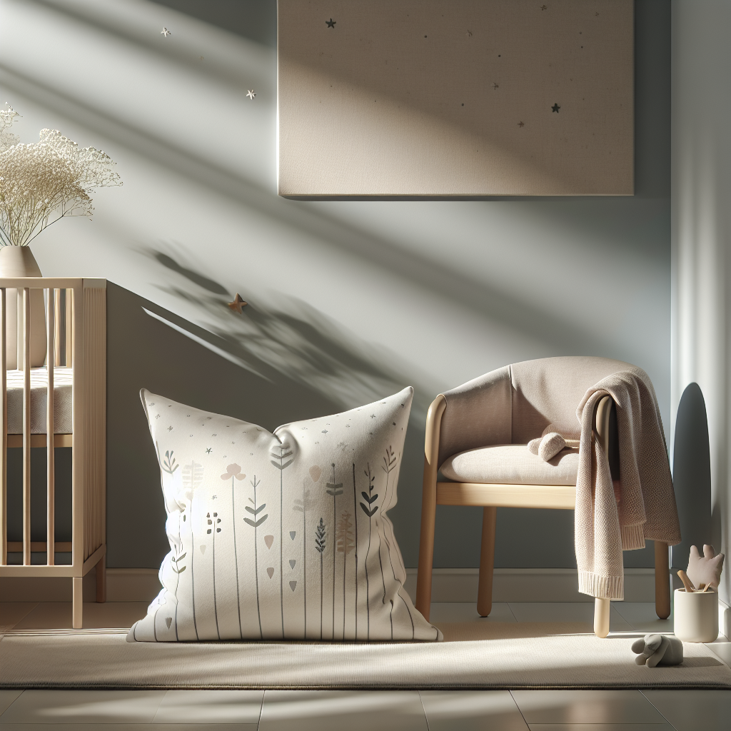 A serene baby nursery with a soft, pastel-colored baby pillow in focus, showcasing comfort and warmth.