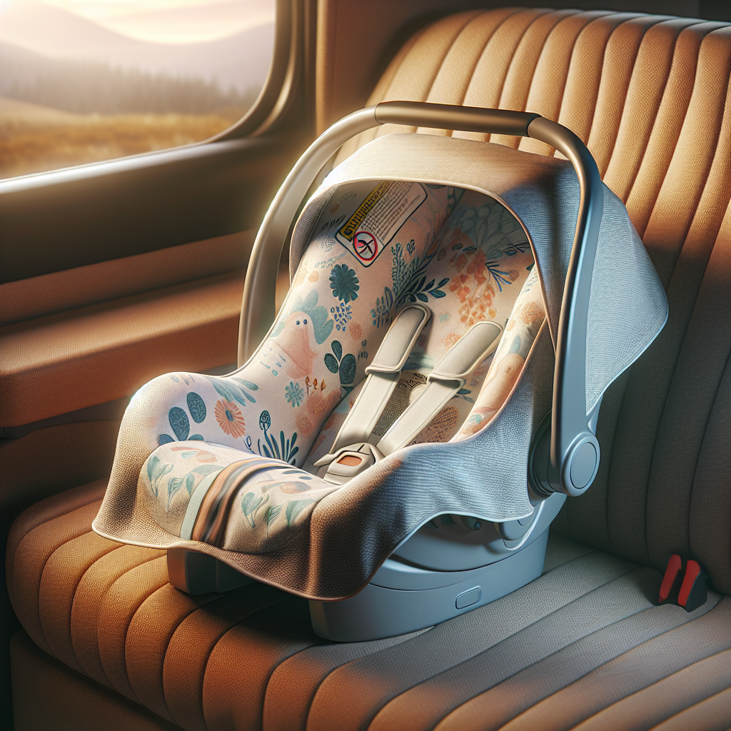 Realistic image of an infant car seat with a soft, colorful cover.