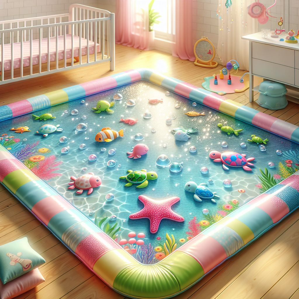 A baby water mat with colorful floating sea creatures in a nursery setting.