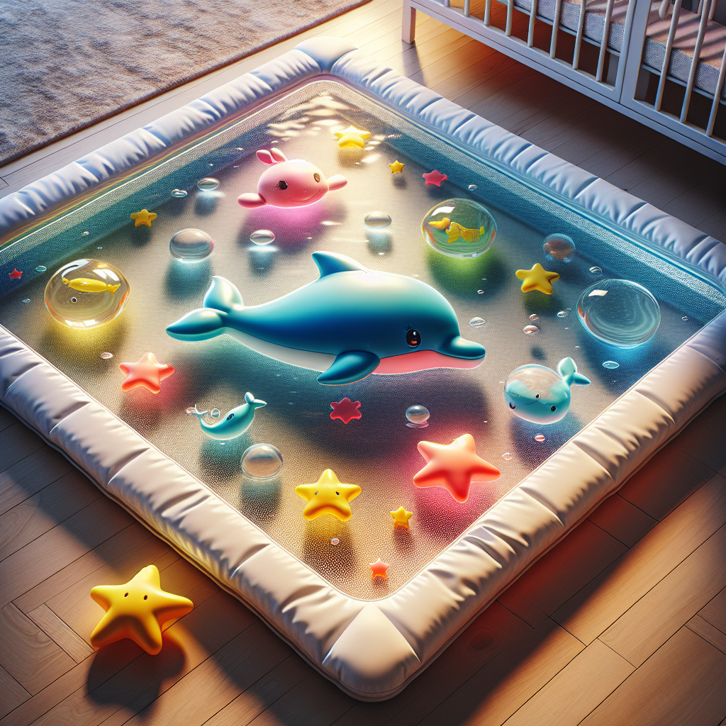 A realistic image of a baby water mat filled with colorful floating shapes in a nursery.