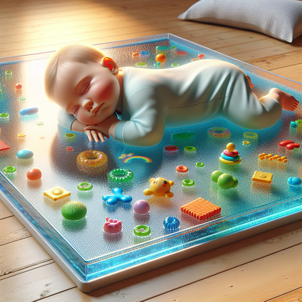 A baby on a colorful water mat filled with floating shapes in a cozy nursery.