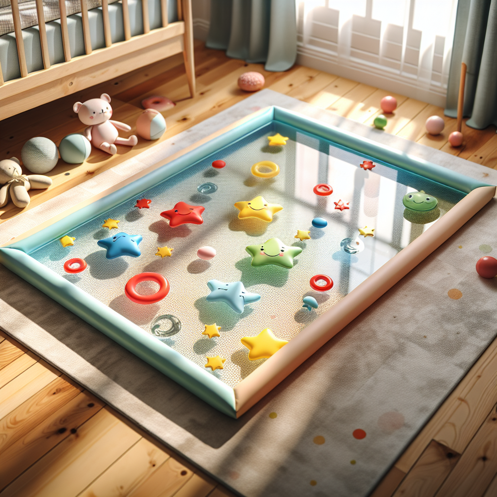 Realistic image of a baby water mat with colorful floating shapes in a nursery setting.