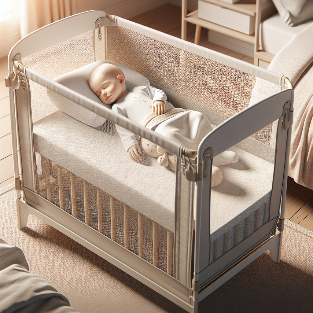 A baby peacefully sleeping in a side sleeper crib next to a parent's bed with mesh sides and soft lighting.