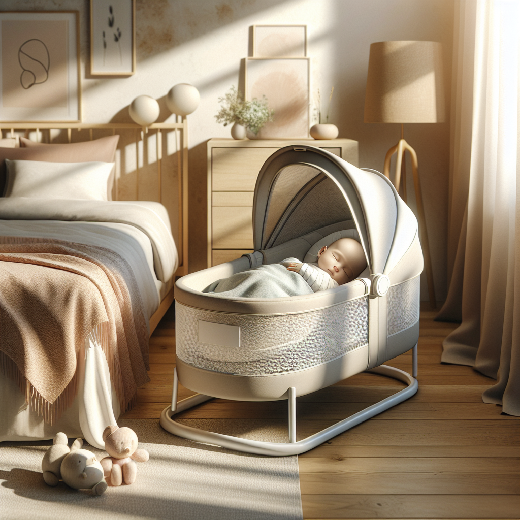 A cozy bedroom featuring a modern baby side sleeper with a sleeping baby, warmly lit by natural sunlight.