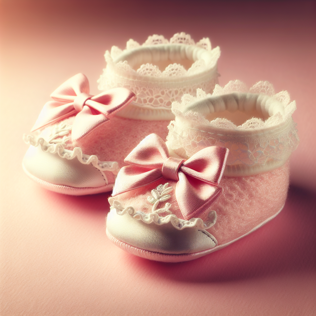 A pair of newborn baby girl shoes on a soft pink background.