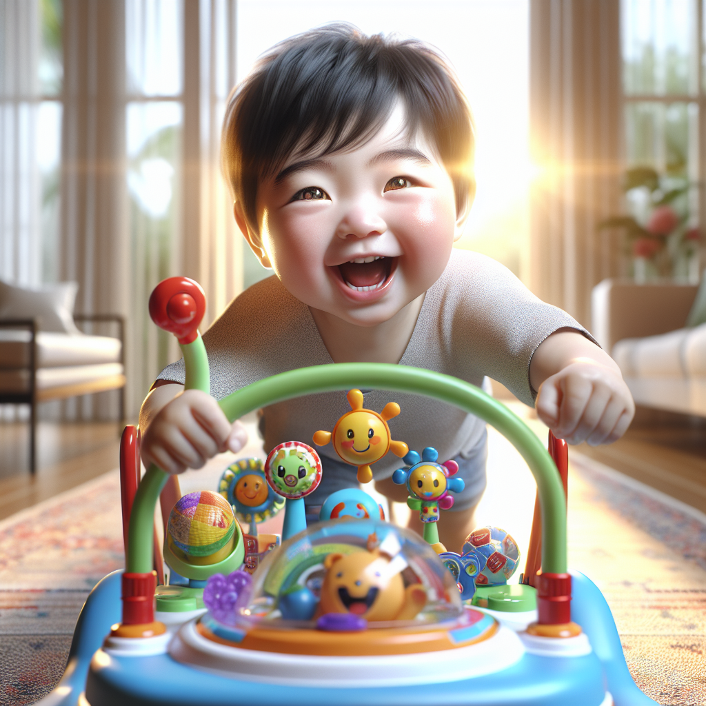 A toddler learning to walk with a colorful baby push walker indoors.