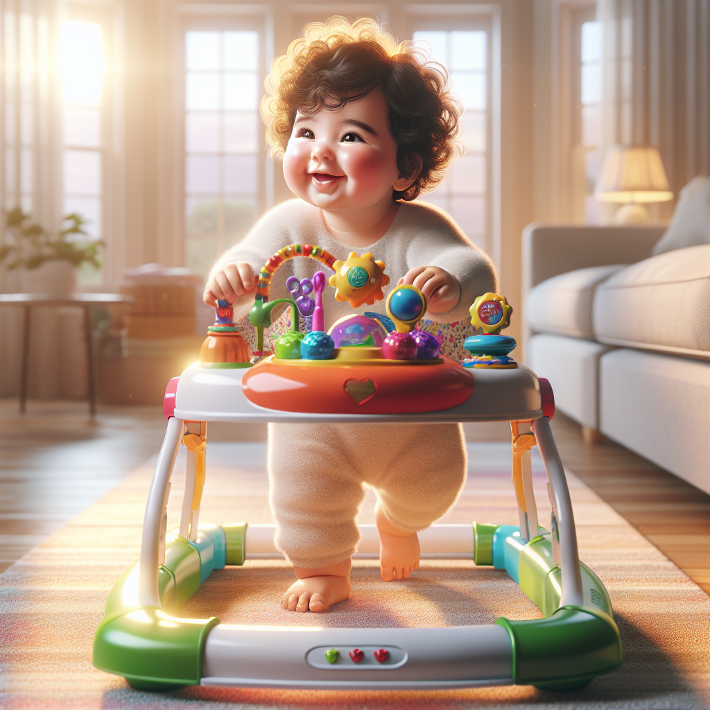 A baby using a colorful push walker in a well-lit living room.