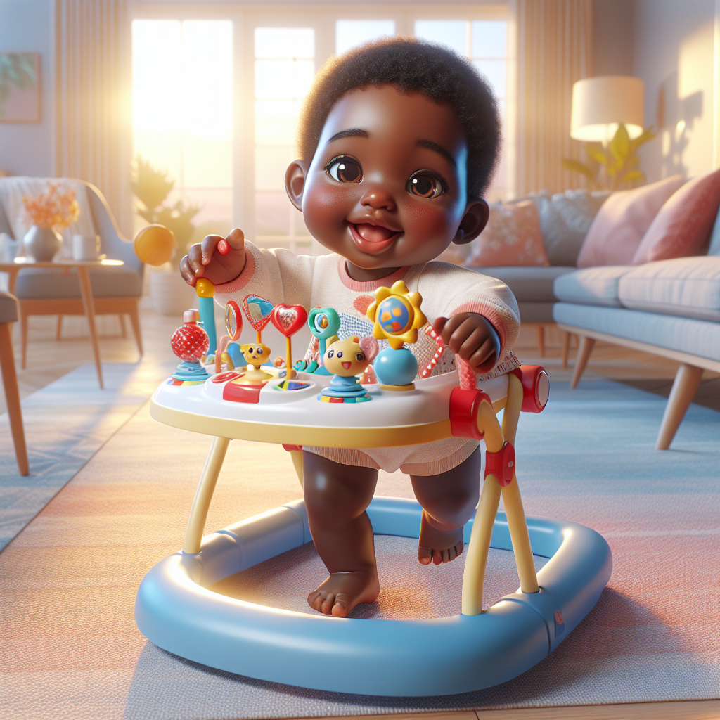 A baby using a colorful push walker in a sunlit living room.