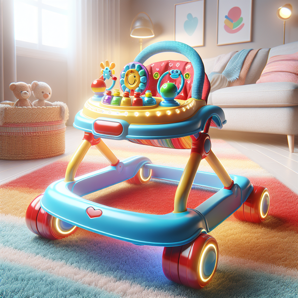 Colorful baby push walker with interactive toys on a carpeted floor.