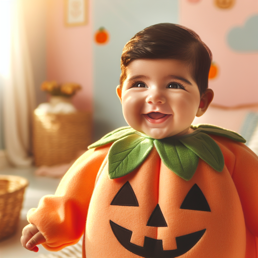 A baby in a cute pumpkin Halloween costume, smiling joyfully.