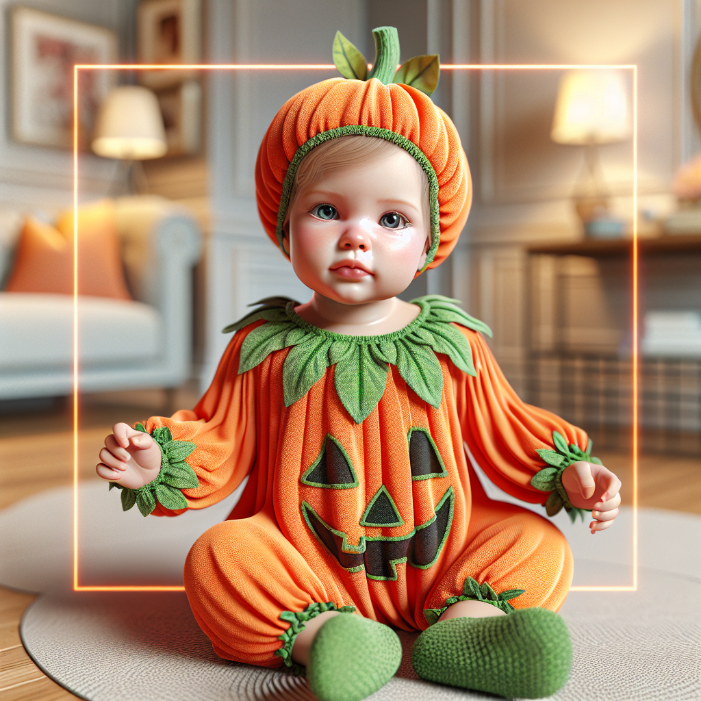 An adorable baby in a pumpkin Halloween costume, highlighted by warm indoor lighting.