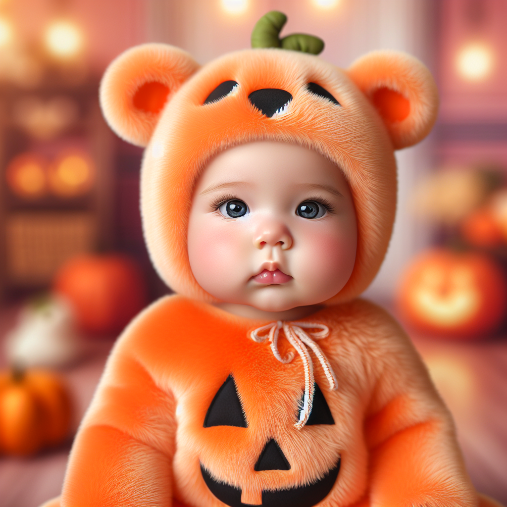 A baby wearing a cute Halloween costume in a festive setting.