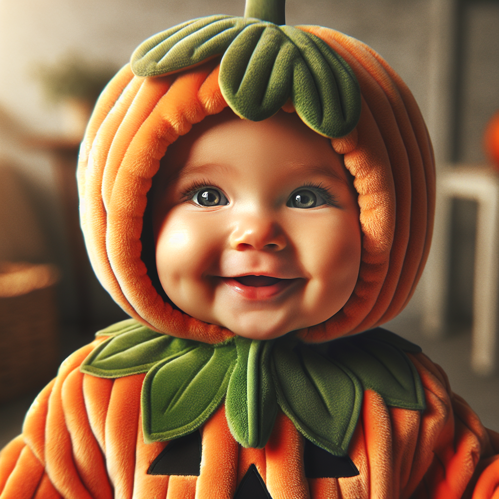 A baby in an adorable Halloween costume shaped like a pumpkin, in a cozy indoor setting.