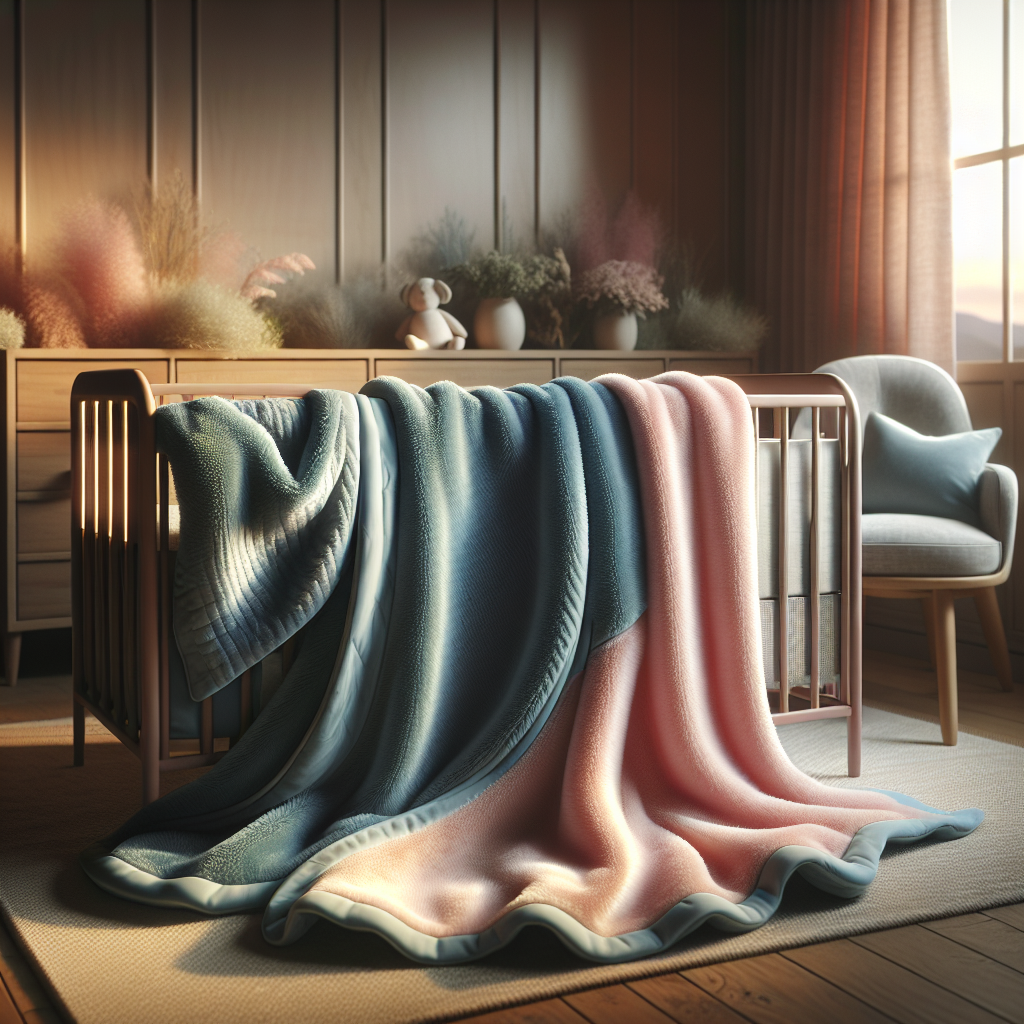 A plush, pastel-colored baby blanket in a cozy, warmly lit nursery setting.