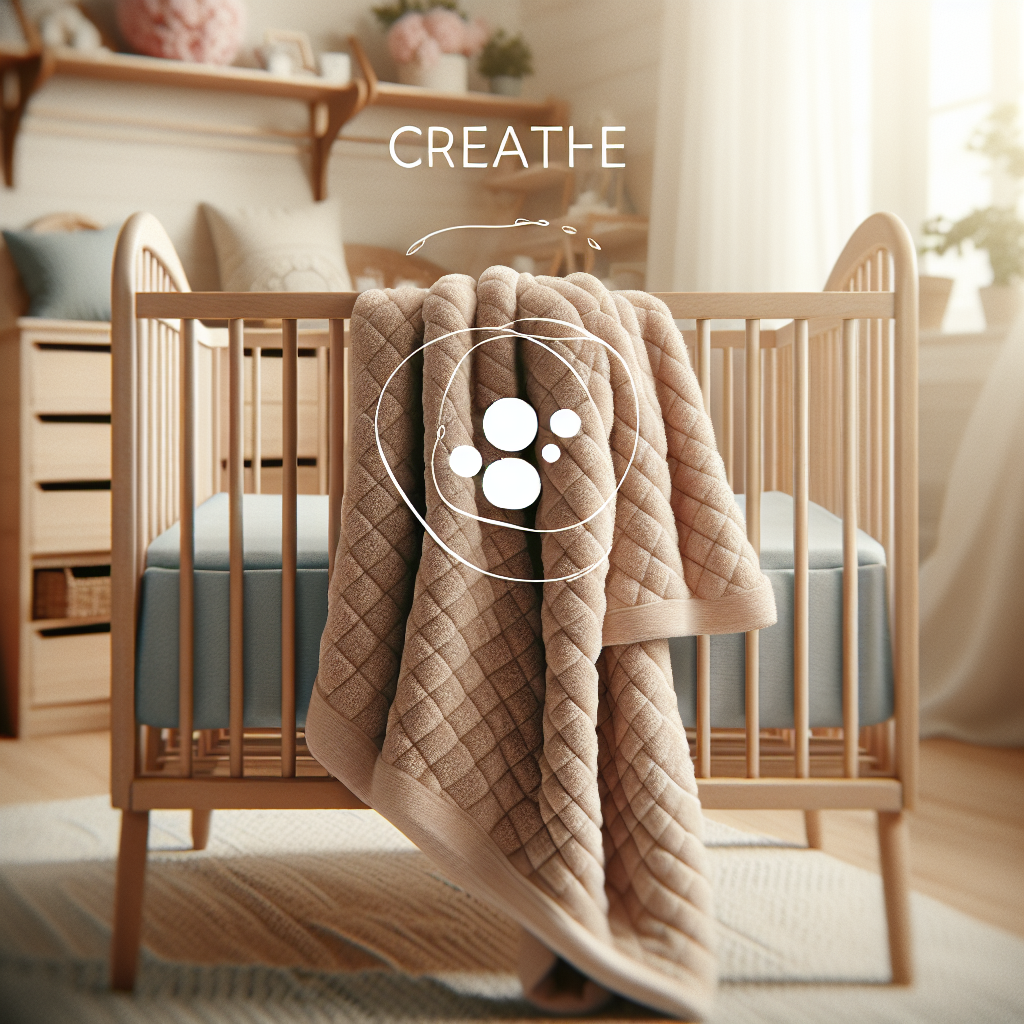 A soft baby blanket on a wooden crib in a warmly lit nursery.