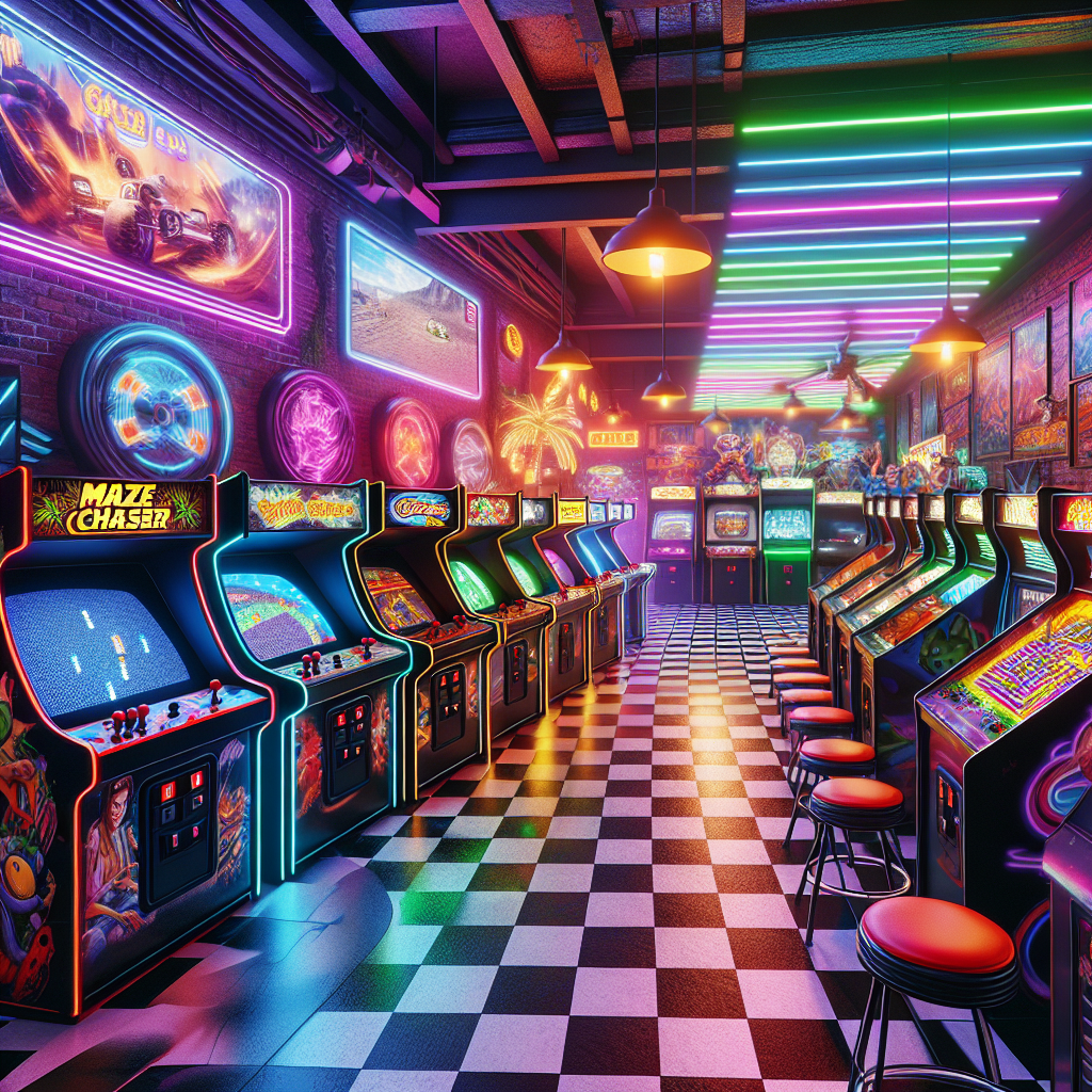 A blend of classic and modern arcade games in a detailed, vibrant arcade setting.