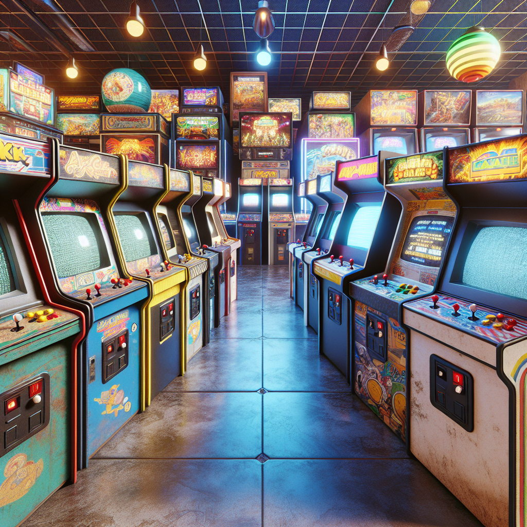 A mix of classic and modern arcade games in a lively, colorful arcade setting.