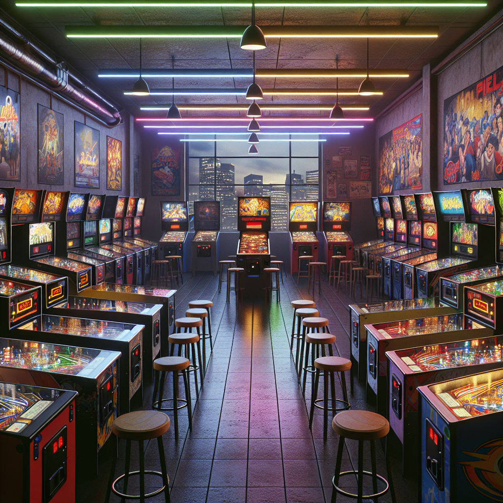 A realistic image of a Jacksonville arcade featuring classic and modern arcade games, with neon lighting and players engaged in gaming.