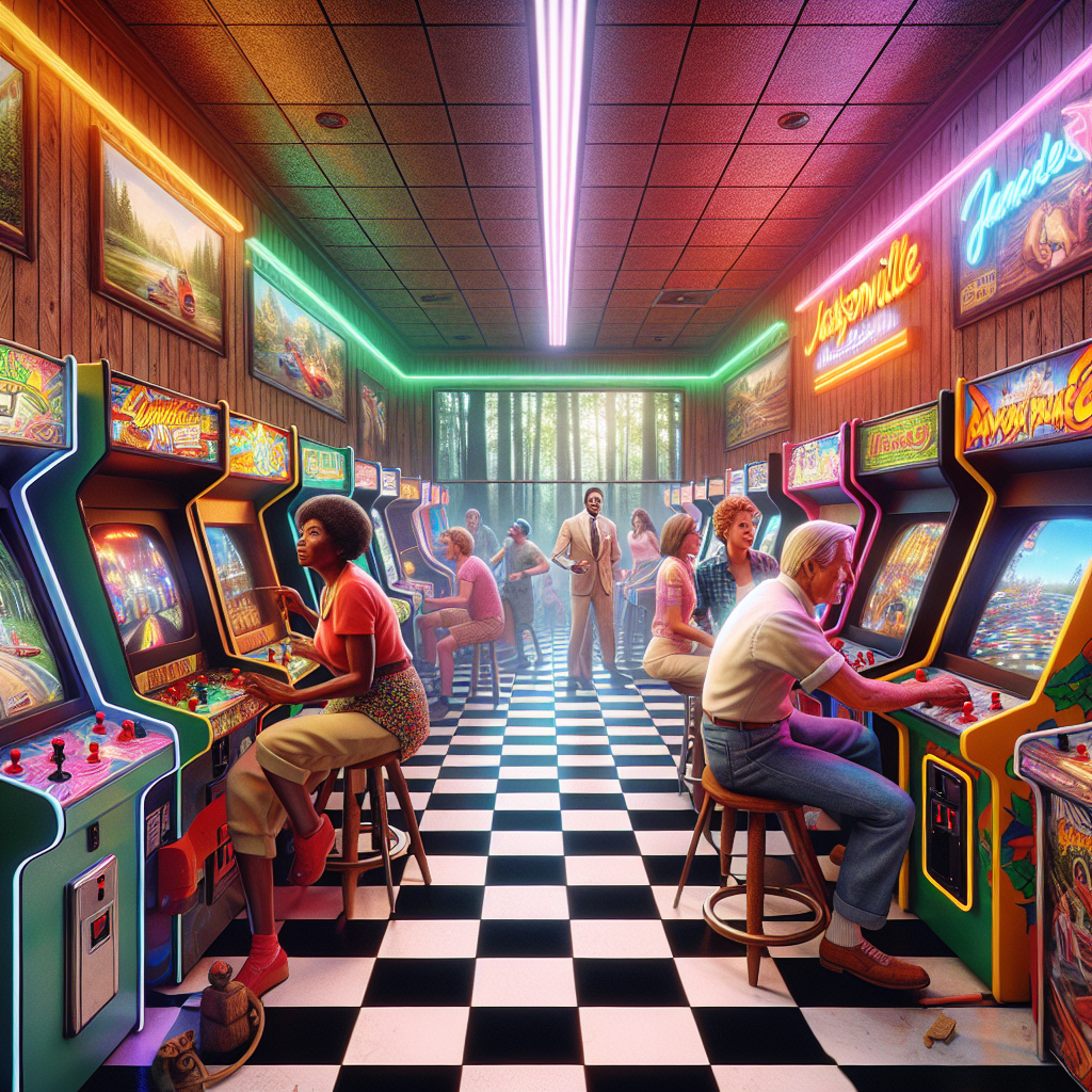 A realistic depiction of a Jacksonville arcade with bright lights, people playing games, and retro machines.