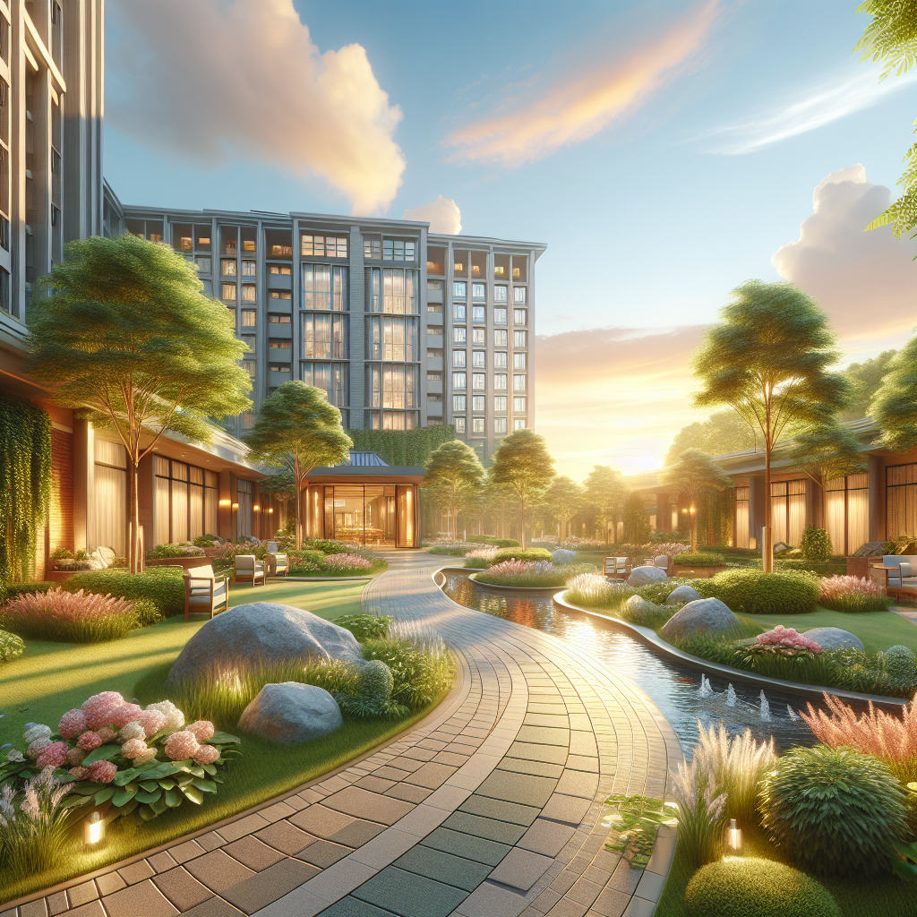 A realistic sunrise scene at the Absolute Awakenings rehabilitation facility with a garden and building.