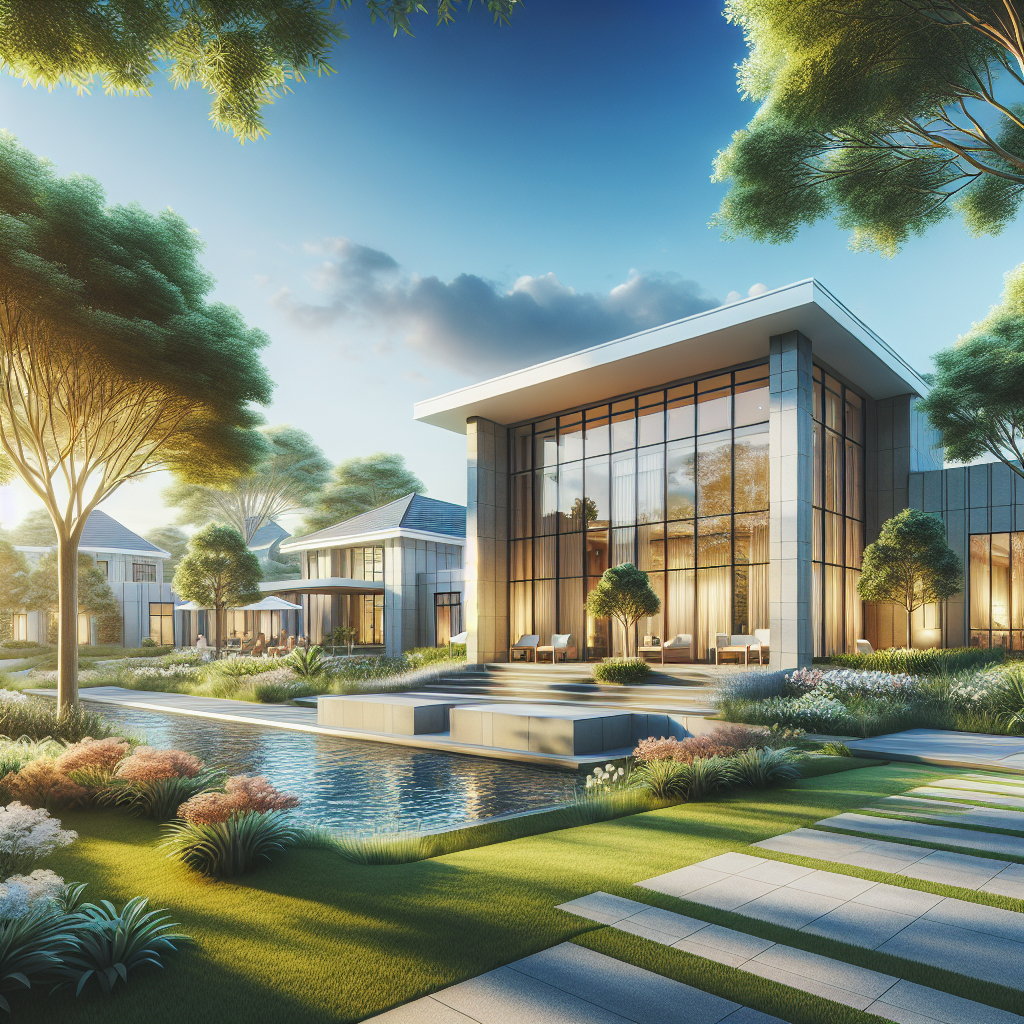 Realistic image of a modern, serene rehabilitation center with beautiful landscaping.