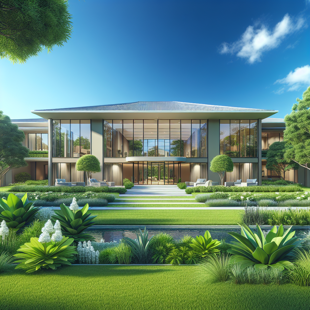 A contemporary addiction treatment center with serene gardens under a clear blue sky.