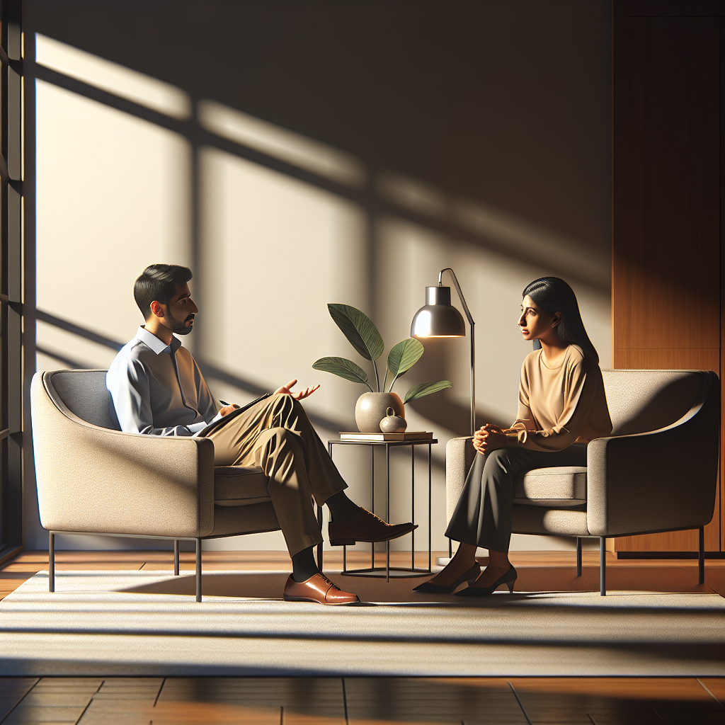 A counseling session in a cozy, private office with two individuals deeply engaged in conversation.