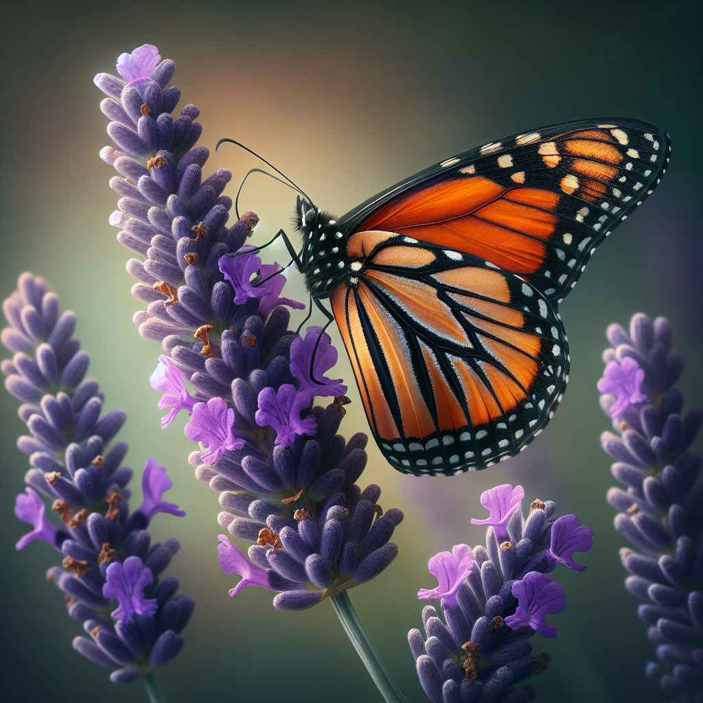 Realistic image of a monarch butterfly on a lavender flower, with a blurred green background.