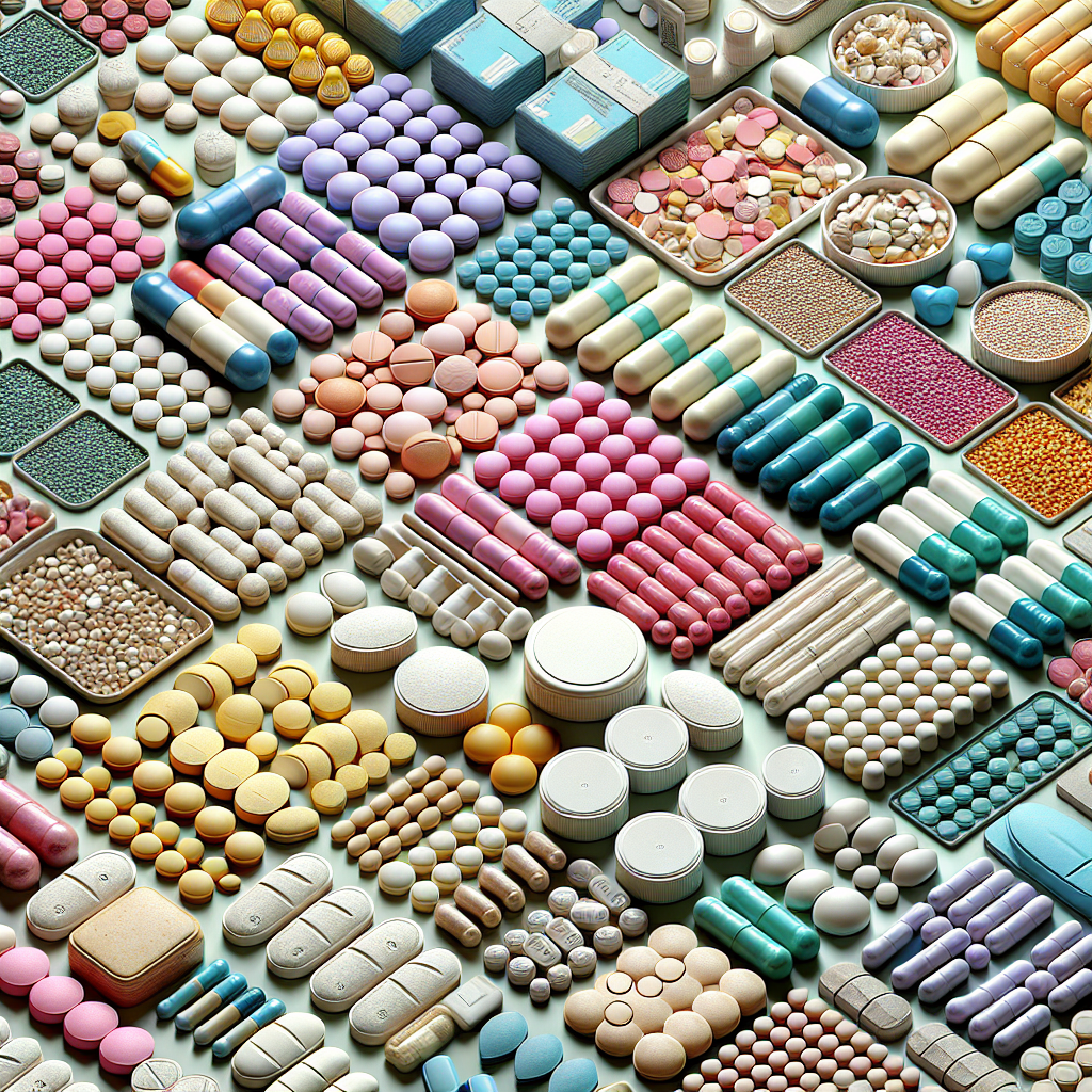 An assortment of realistic pharmaceutical drugs in various shapes and colors.